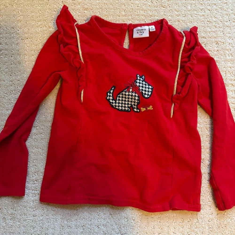 Red‎ long sleeve top with ruffles and dog design 4T